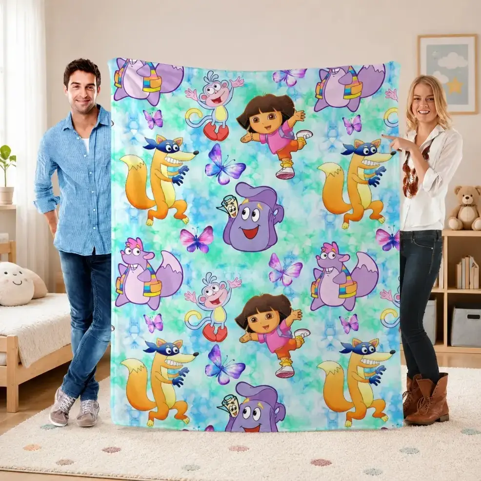 Cute Dora Explorer Flannel Throw Blanket for Kids, Baby & Adult Blankets, Soft Cozy Cartoon Character Fleece Blanket, Lightweight AC Blanket for Bed Sofa Couch, Gift for Girls Boys Anime Fans, All Season Use, Birthday Christmas Holiday Gift, Bedding