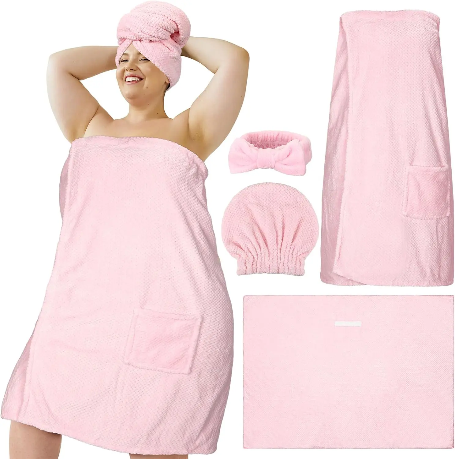 Tigeen Plus Size Towel Wrap for Women Spa Robe Set with Shower Hair Drying Turban Cap Towel Headband Adjustable Bathrobe