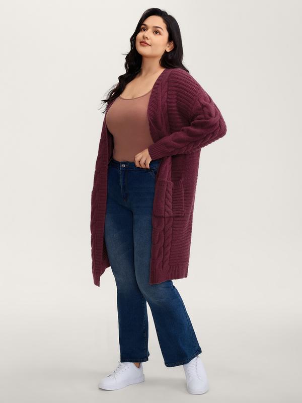 BLOOMCHIC Textured Super Stretchy Pockets Knit Cardigan - Long Sleeve Kimono Collar Winter Cardigan for Women, Loose Fit Knitwear with Drop Shoulder Sleeves and Cable Knit Texture Knitting Womenswear