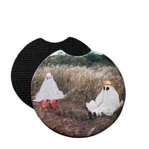 Spooky Ghost Car Coasters (Set of 2) – Soft Neoprene (Not Ceramic), 2.75", Anti-Skid, Hand-Washable — Perfect Boo Box Gift