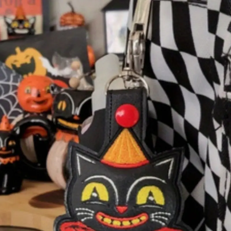 Vintage Halloween Cute Cat Embroidered Vinyl Keychain, Adorable Halloween Accessory, Perfect Gift for Cat Lovers, Keychain Wristlet Strap, Keychain Accessories, Keychain Charm, Keychains Cute