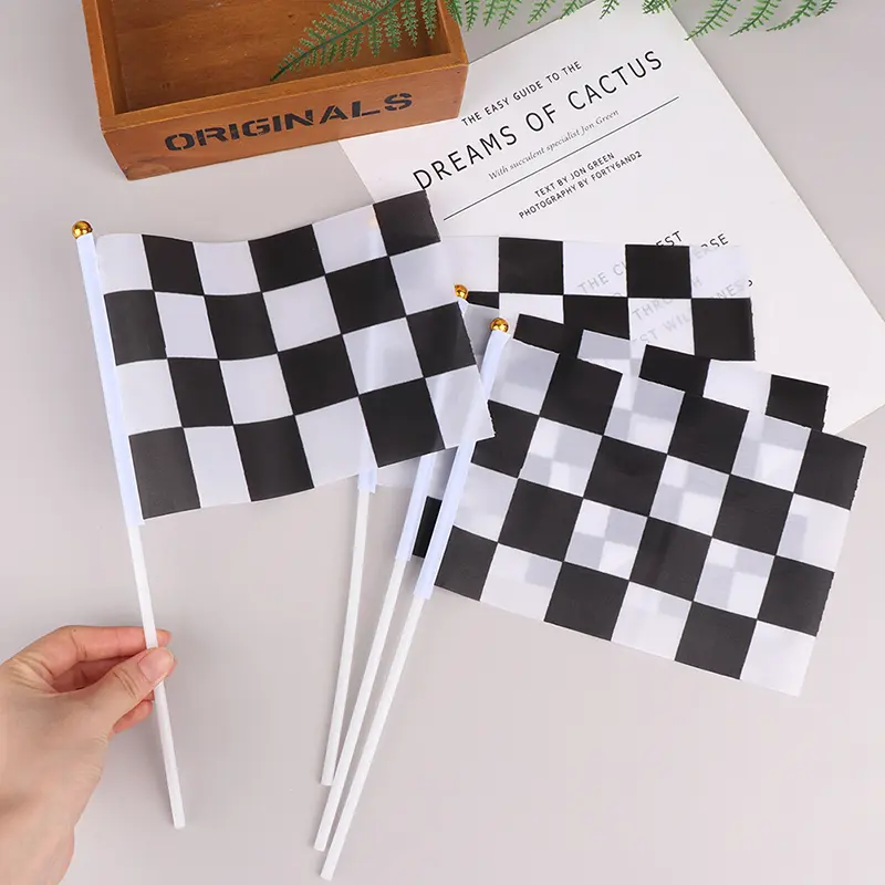 10Pcs Checkered Black And White Pennant Banner Racing Flags Stick Racing Traffic Cones Signal Flags Racing Car Party Supplies