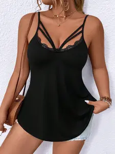 Plus Size Women's Lace Trim Halter Top, Slim Fit Deep V Neck, Perfect for Summer Wear Casual/dates/vacations, European Curve Body Friendly
