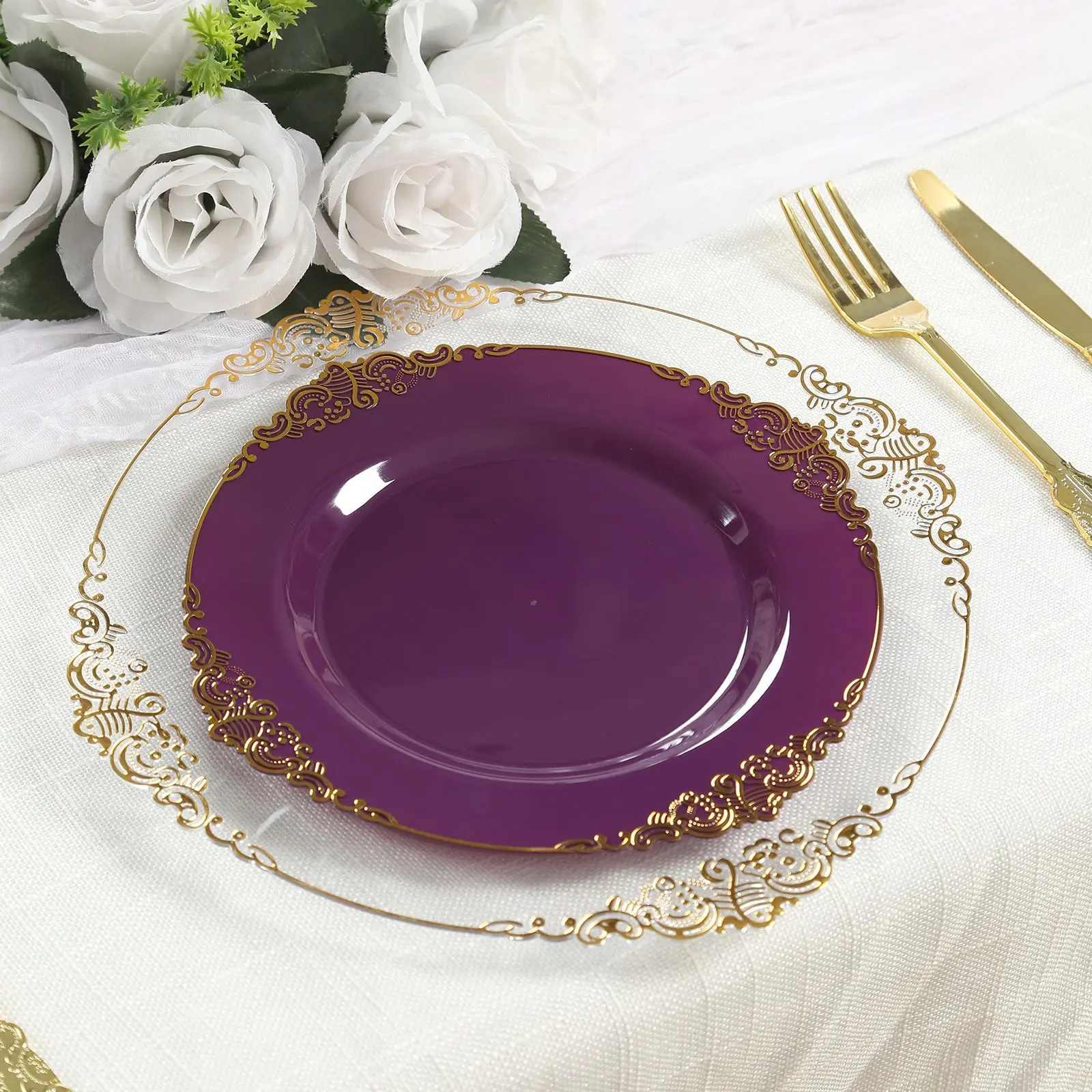 10-Pack Plastic 10" Round Dinner Plates, Purple with Gold Leaf Embossed Rim - Vintage Baroque Style Disposable Plates for Weddings, Wedding