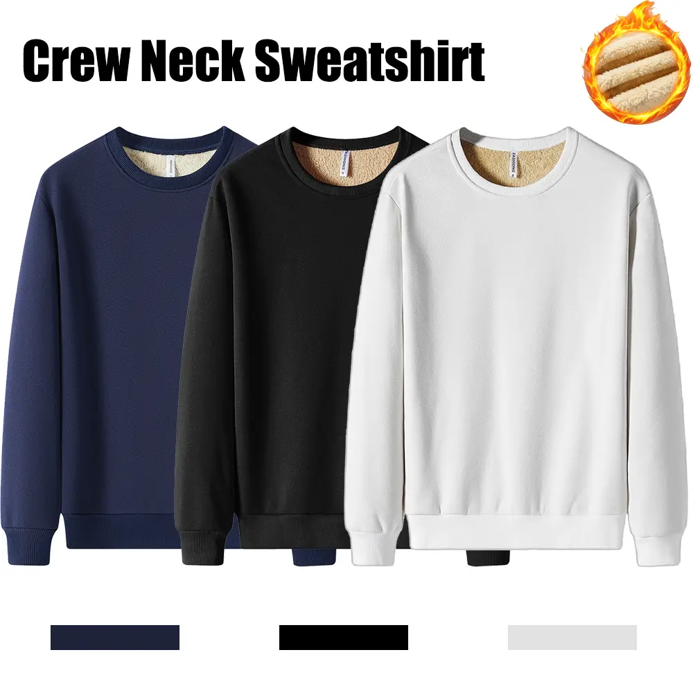 Fleece-lined crewneck pullover sweatshirt, minimalist commuter and casual autumn/winter long-sleeve top with a classic crew neck and ribbed trim that resists deformation; suitable for layering or wearing on its own for everyday warmth.
