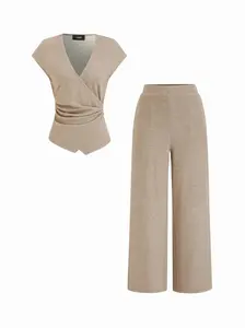 Cider V-neck Asymmetrical Hem Metal Detail Ruched Top & Mid Rise Straight Leg Trousers Set