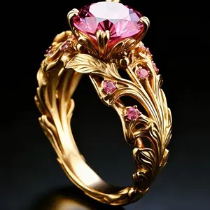 Court-style Red Drop-shaped Zirconia Ring Gold-plated Jewelry Piece with Intricate Leaf Design