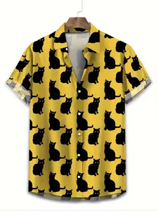 Men's Casual Shirt Top, Cute Cat Print, Camp Collar Bowling Shirt Short Sleeve Button-Up Summer Hawaiian Shirt, Animal Shirt