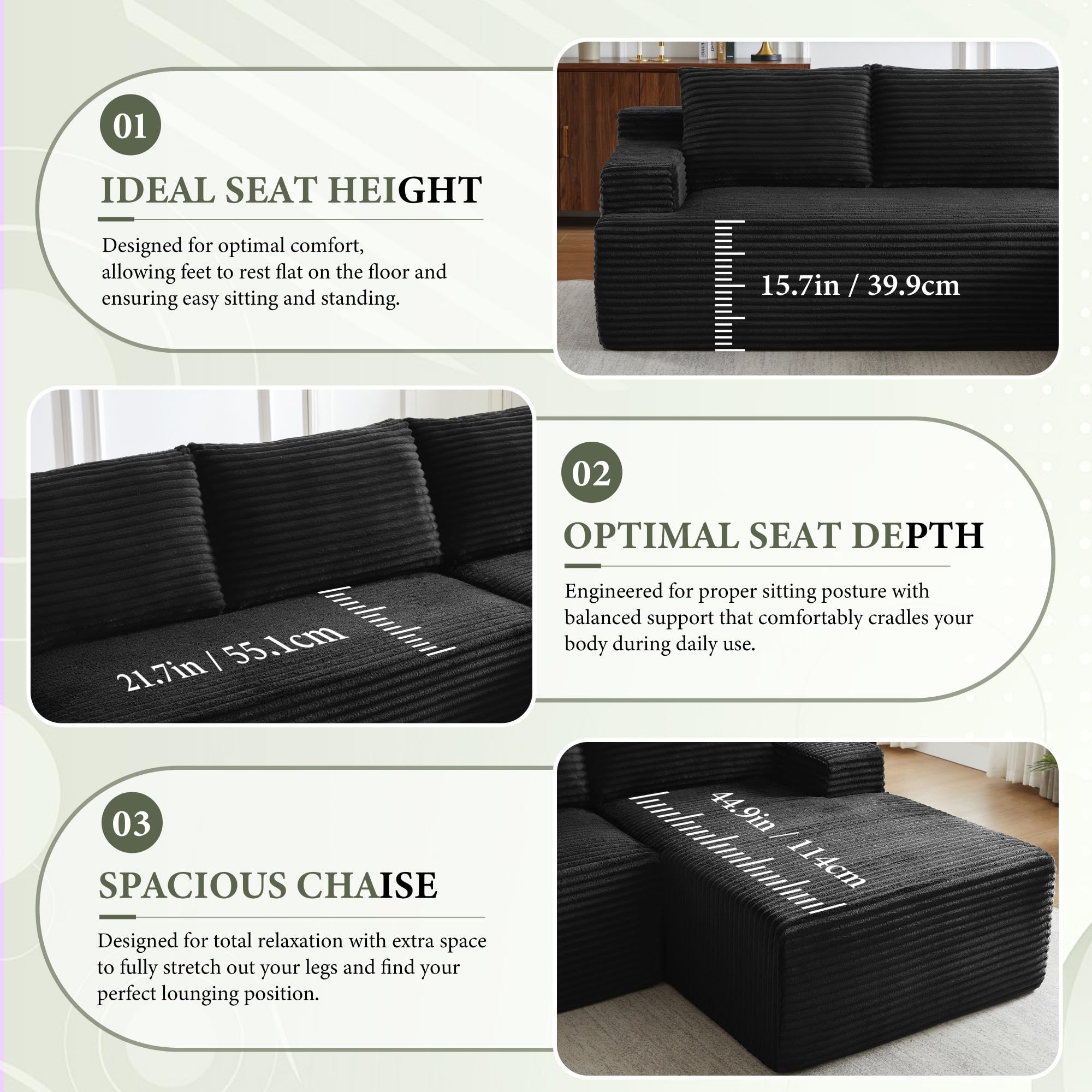 96-Inch L-Shaped Modular Corduroy Sofa with Chaise, Moderate Deep Seat, Vacuum-Packed, No-Assembly Indoor Furniture for Apartments & Condos