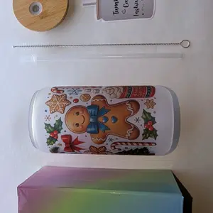 Christmas gingerbread man 16 oz frosted glass jar with lid straw and gift box!