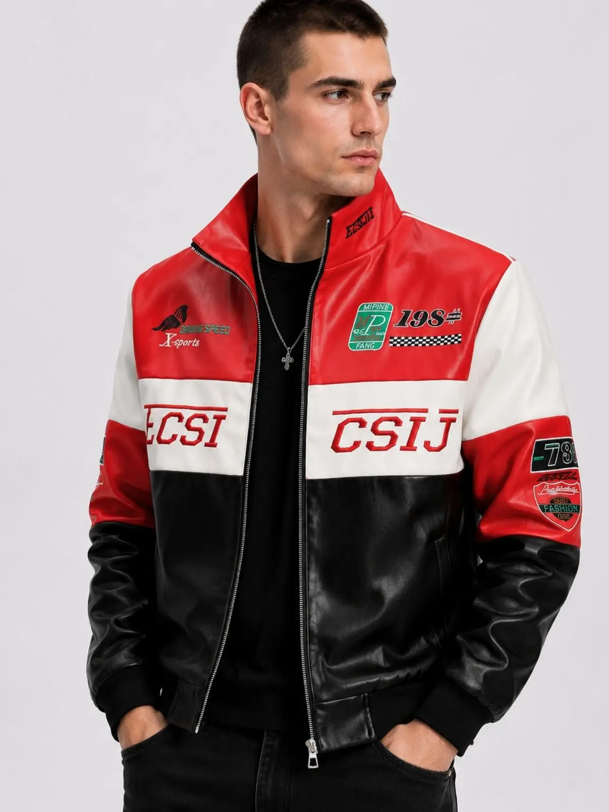Men’s color-block racing faux leather jacket with vintage embroidered patches and a stand collar motorcycle outerwear design Classic Menswear
