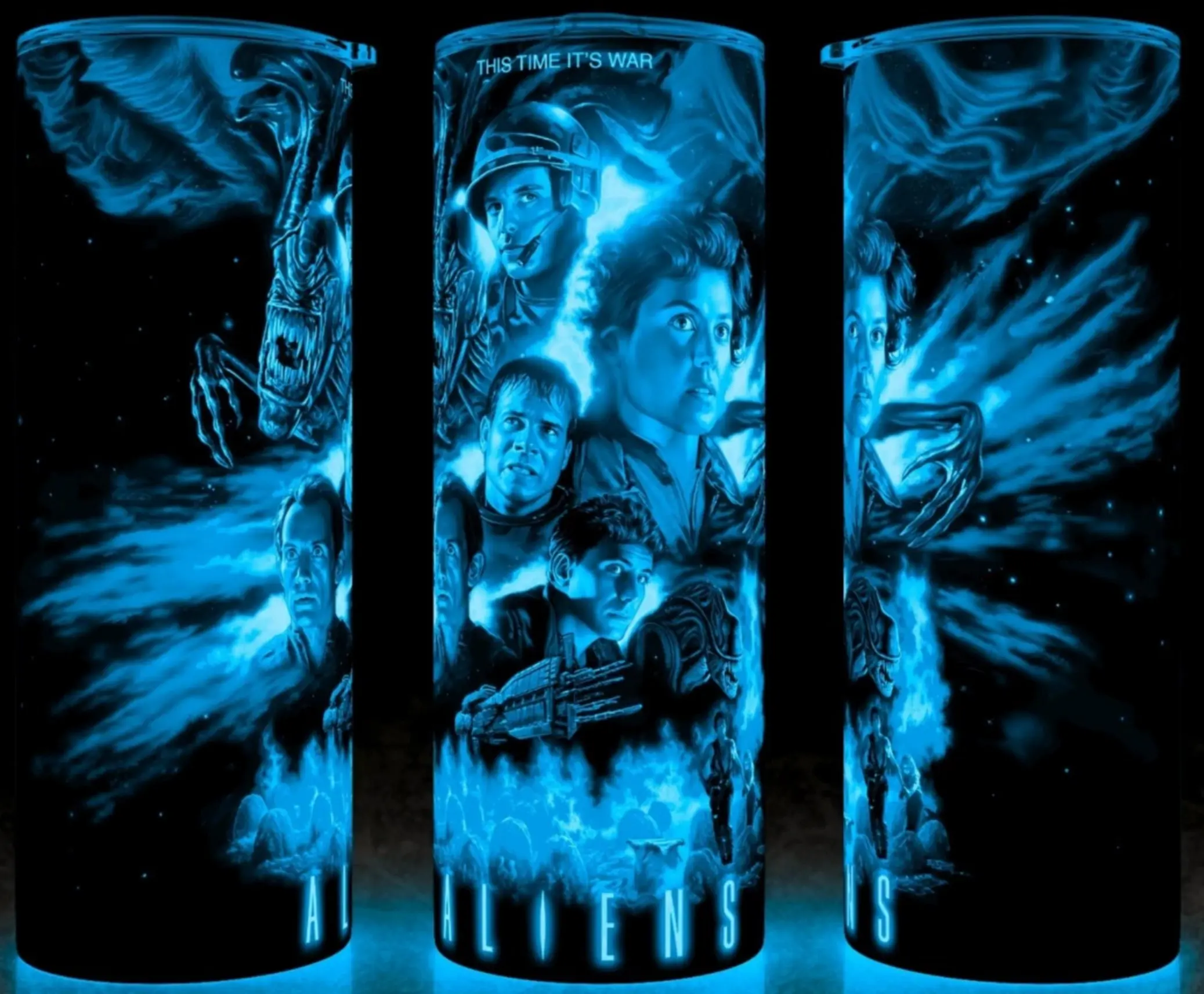 Glow in the Dark Aliens 80s Ripley - Bishop - Hudson - Xenomorph Horror Movie Cup Mug Tumbler 20oz with Lid and Straw - Elegant Drinkware for Horror Fans - Perfect for Hot or Cold Drinks! Stainless Steel. Flasks Plastic