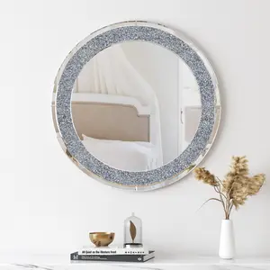 SHYFOY 32" Round Large Wall Mirror for Living Room Wall Decor- Diamond Decorative Mirrors for Wall Decor Crystal Silver Wall Decor, Modern Home Decor