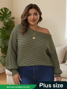 Plus Size Solid Color Boat Neck Loose Batwing Sleeve Textured Knit Pullover Sweater, Casual Spring & Fall Fashion Knitwear Tops for Women