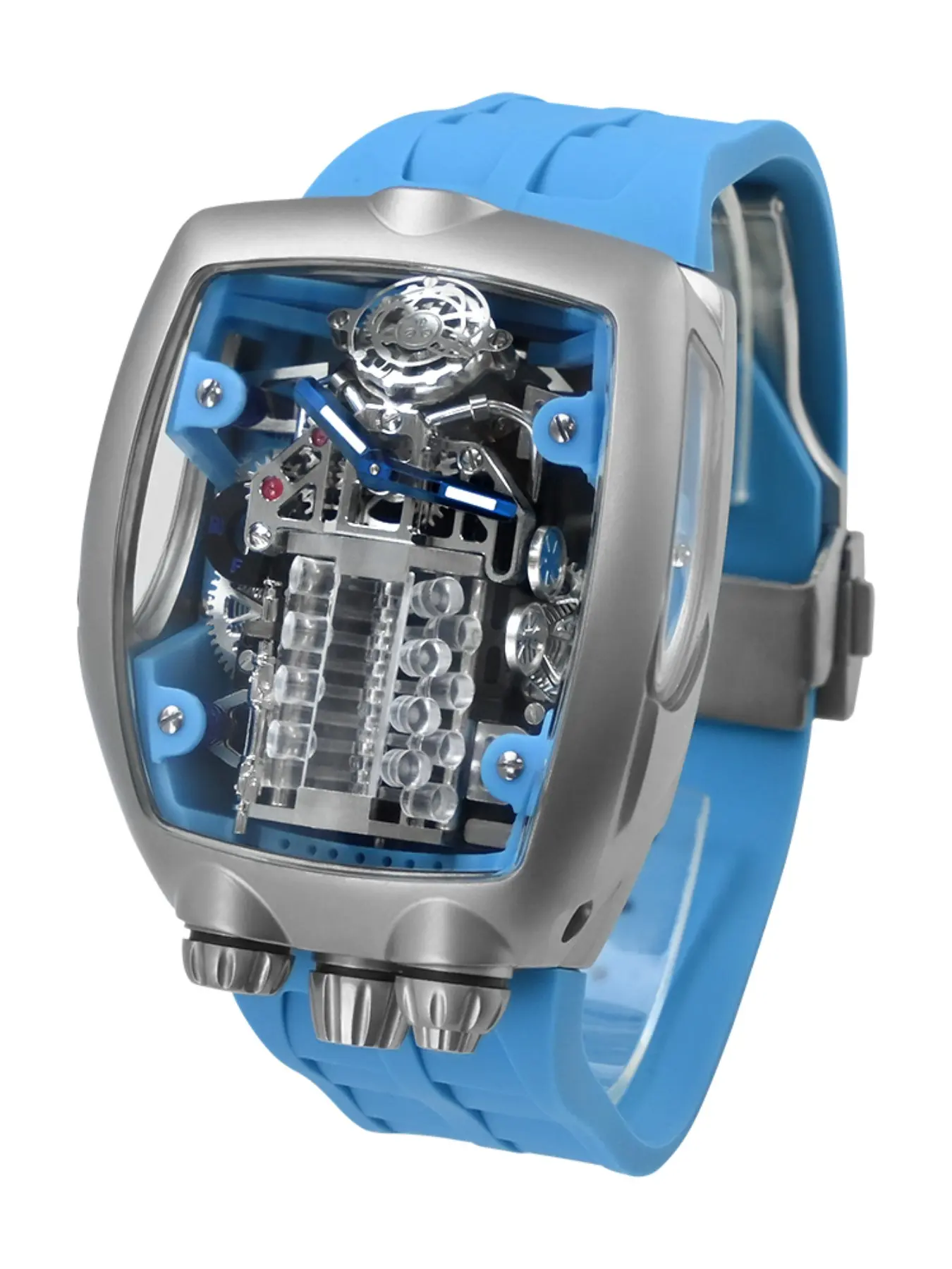 Men's Engine Watch Mechanical Movement Silicone Strap Fashion Casual Wristwatch, Skeleton Watches Square Analog Face Stainless Steel Clasp Spring & Fall, Square Dial Watch