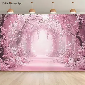 2D flat banner, 1 piece, with pink floral background decoration, suitable for decoration in living room, bedroom, office, home, room, party, available in various sizes of polyester fiber background fabric, dyz