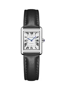 Roman Numeral Silver Case Luxury Women's Watch: Black Leather Strap & Blued Steel Hands, Vintage Quartz Style for Timeless Elegance and Luxury, Elegant Quartz Watch
