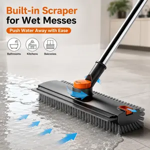 Generic Adjustable Long Handle 3 in 1 Floor Scrub Brush with Rotating Head and Silicone Squeegee Cleaning Tool for Tile Bathtub Shower Wall Patio and Garage
