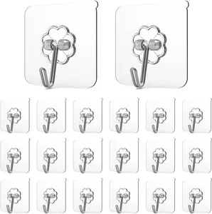 20 Pack Adhesive Hooks for Hanging, Heavy Duty Wall Hooks , Transparent Self Adhesive Shower Hooks, Water & Oil Proof Strong 22lb(Max) Door Coat Hooks