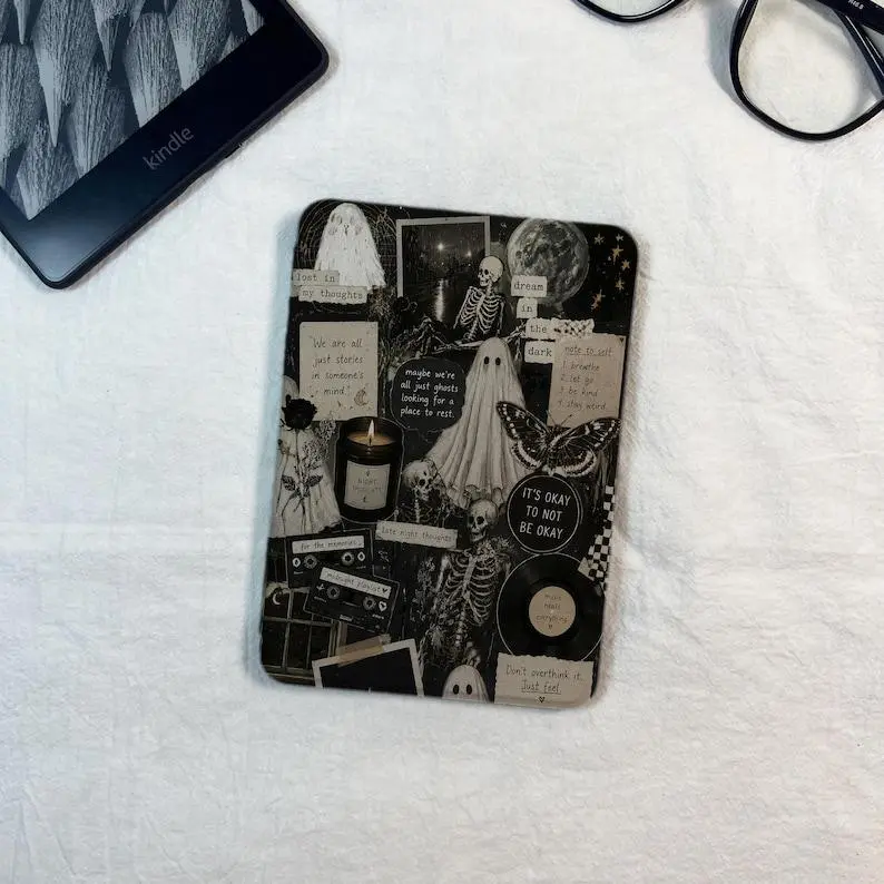 Dark Gothic Skeleton Ghost Collage Kindle Case With Hand Strap, Cover for Paperwhite 12th 7”, Kindle 2024, Fire 7, Kobo Clara BW Gift