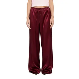 Women's Satin Solid Color Pants Elegant Elastic Drawstring Waist Loose Trousers for All Seasons