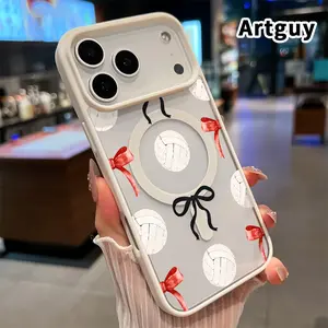 Magnetic Phone Case for iPhone 17 16  Pro Max Plus 15 14 13 12 11 Air E Volleyball Bow Tie  Patterned Clear Acrylic Back Shockproof Air-Guard Corners Hard Shell Coverv for Girl