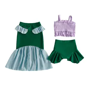 PYBCVRRD Kids Toddler Baby Girls Swimsuit 3 Piece Set Ruffled Trim Smocked Spaghetti Strap Tops Shorts and Mermaid Tail Long Skirt Swimwear 1-6 Years