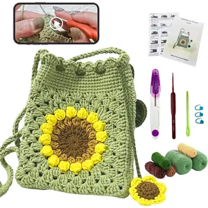 Crochet Hook Set Suitable for Beginners Sunflower Bag, Crochet Starter Kit with Videos, Tutorials and Yarn, Hook DIY Adult and Children Knitting Supplies... (40%+ Yarn)