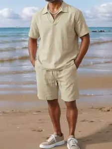 Men’s two-piece set, regular fit, solid color short-sleeve shirt and shorts with a linen-like texture; casual summer menswear, men’s beach vacation clothing