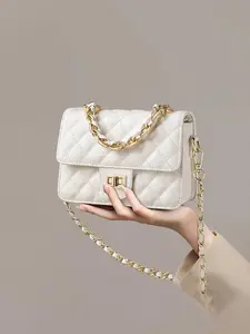 Women's Elegant Quilted Chain Strap Genuine Leather Shoulder Bag, Cowhide Solid Color Crossbody Bag, Crossbody Clutch Purse, Handbag Shoulder Bag for Birthday Gift, Casual Trendy Versatile Daily Commuting Bag, Daily Commuter Purse, Elegant Bags