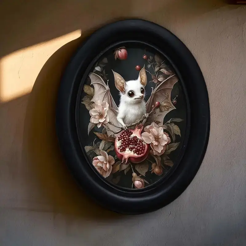 Gothic Wooden Oval Frame with Cute Bat Design, Hand-Printed Photo Frame for Home Office Wall Decor, Perfect Room Decoration, Easy to Hang, Wall Mounted Decor, Home Decor Accessory, Photo Frames For Wall, Picture Frames
