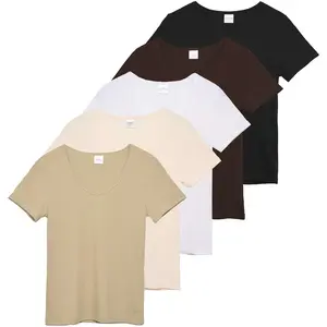 Real Essentials 5 Pack: Women's Soft Ribbed Short Sleeve V-Neck T-Shirt Casual Summer Tee Shirts