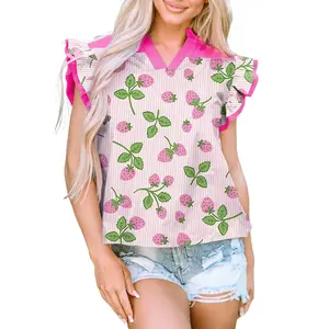 Women's Pink Striped Strawberry Print Blouse – Casual V Neck Flutter Sleeve Top for Daily Wear