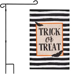 G128 Combo Pack: Garden Flag Stand Black 36 in x 16 in & Garden Flag Halloween Decoration Trick or Treat Bats and Black and White Stripes 12"x18" Double-Sided Burlap Fabric