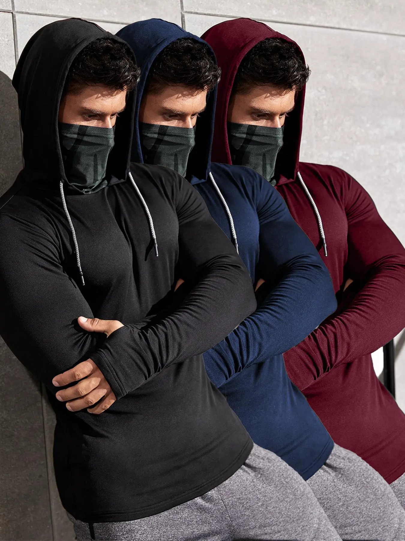 Men's Solid Color Thumb Hole Design Sports Tee, Casual Long Sleeve Stand Collar T-shirt with Mask & Gloves, Men's Sportswear for Indoor Outdoor Wear Casual Sport Top, Casual Athletic Wear