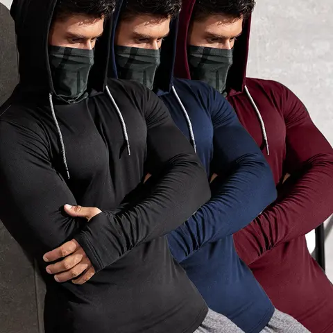 Men's Solid Color Thumb Hole Design Sports Tee, Casual Long Sleeve Stand Collar T-shirt with Mask & Gloves, Men's Sportswear for Indoor Outdoor Wear Casual Athletic Style Sport Top, Casual Athletic Wear
