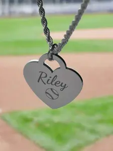Personalized Silver Softball Rope Heart Necklace - Custom Engraved Name Pendant & 2mm Chain - Gift Box Included