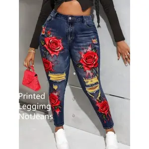French Romantic Style. High-waisted Slimming Floral Print Denim A-line Skirt.