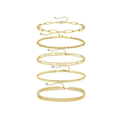 Tewiky 14K Gold Plated Copper Bracelets for Women Waterproof, 14K Gold Jewelry Sets for Women Trendy Thin Dainty Stackable Cuban Link Paperclip Chain Bracelet Pack Fashion Accessories Gifts for Womens For Mother's Day gifts