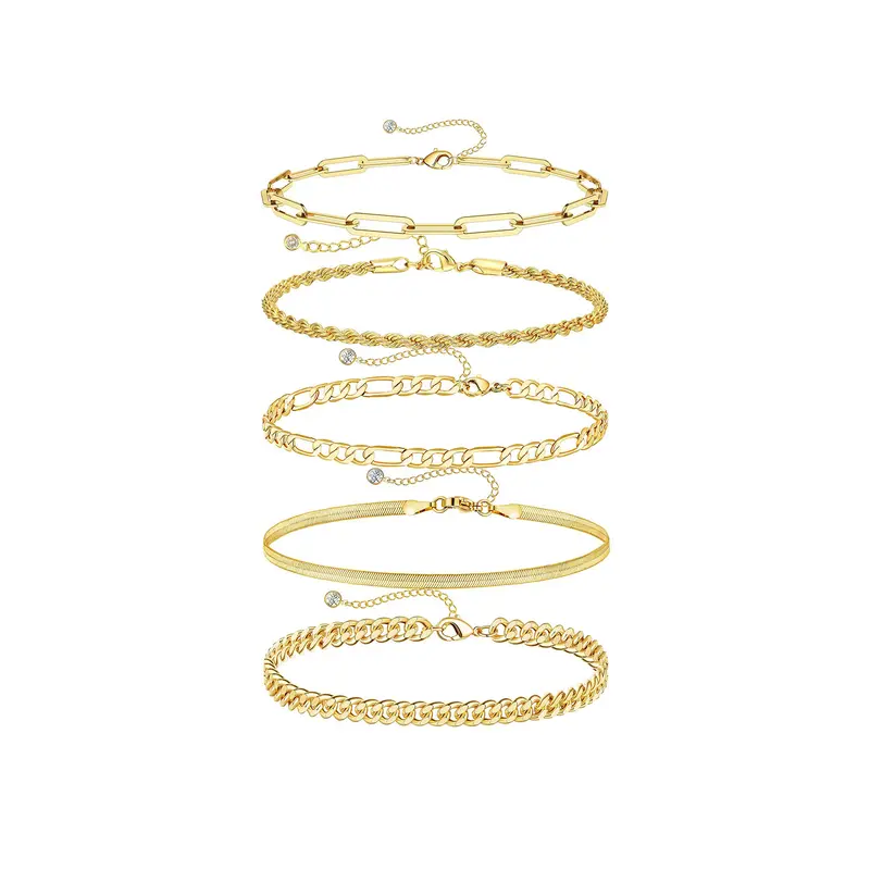 Tewiky 14K Gold Plated Copper Bracelets for Women Waterproof, 14K Gold Jewelry Sets for Women Trendy Thin Dainty Stackable Cuban Link Paperclip Chain Bracelet Pack Fashion Accessories Gifts for Womens For Mother's Day gifts