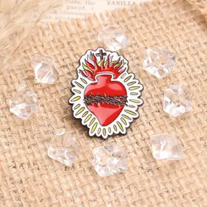 Religious Art Sacred Heart Pin Flaming Red Heart Adorned with Thorns Accented with A Cross Suitable for Clothing.Gift for Friend
