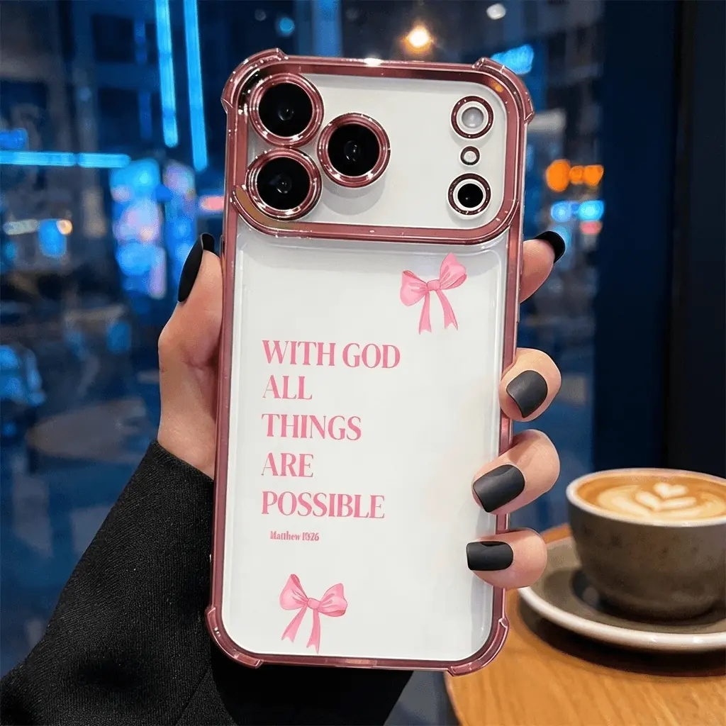 Christian Bible Verse Shock-Absorb TPU Soft Cover Cellphone Case - Pink Bow, Rustic Cute Christian Aesthetic, Slim Profile, Full Lens Safe for iPhone 17,16,15,14,13,12,11 Pro Max Plus Air, Accessories DDSJ260626001