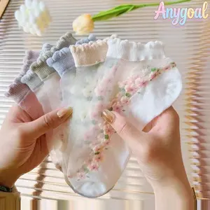 Anygoal Women's Ruffle Trim Sheer Ankle Socks, Floral Print Crystal Glass Transparent Short Socks,Slim-Fitting Ankle Socks  Lightweight Breathable Nylon Mesh Liner Socks for Summer Daily Wear, Casual Sneaker Outfits and Everyday Use summervibes