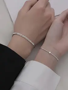 2-Piece Couple Bracelets, Unisex Heart Pendant, Cuban Link Bracelet & Cuban Chain, Romantic Gift for Anniversary, Birthday, Valentine's Day, Wedding, Etc