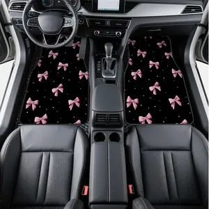 Mother's Day-4pcs Vehicle Floor Mats featuring Pink Bows on Black Dots Motif, suitable for Minivans or Crossovers, offering Easy Maintenance surfaces and Gift Idea possibilities, while also compatible with Business Use and Travel with Pets.