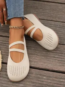 Women's Solid Color Knitted Flat Shoes, Casual Flats, Slip On Shoe, Lightweight and Easy to Wear Casual Footwear for Daily Use, Breathable Closed Toe Summer Shoes