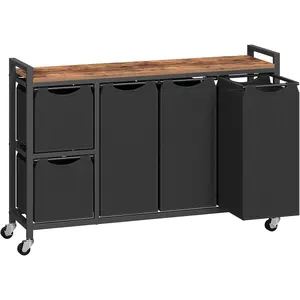 Laundry Sorter with 5 Sections, 45.5 Gal. (170 L) Laundry Hamper with Wheels and Shelf, Large Capacity, Laundry Basket with Removable Bags, 44.1"L x 11.8"W x 31.5"H, Rustic Brown, BF26XY01