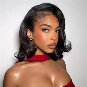 LEFGODY 14in Virgin Human Hair Glueless Frontal Wig, 13x6 HD Transparent Lace, 180% Density Loose Body Wave Bob Cut, Pre-Plucked Lightweight Natural Black Cap Wig