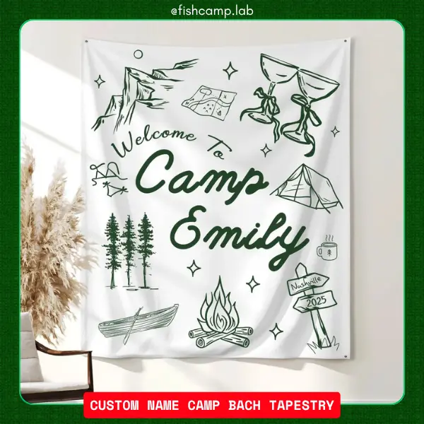 FishCampLab Custom Name Camp Bach Tapestry - Personalized Camping Bachelorette Backdrop - Lake Camp Birthday Party Banner - Welcome Decor