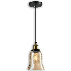 Modern Glass Pendant Light, 5.5"x6.3" Amber Ribbed Globe Light Fixture with Gold Cap, 15"-72" Adjustable Cord, E26 Socket for Dining or Lounge Areas – Sunrise Glow Trumpet